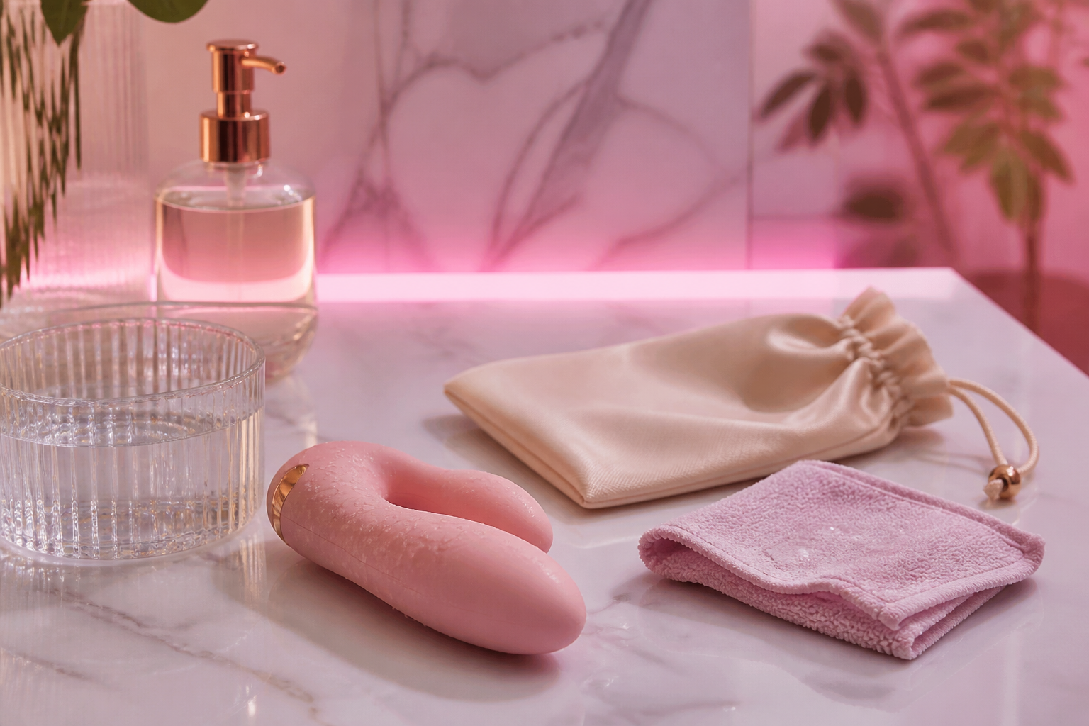 Clean product care setup with water and soft cloth