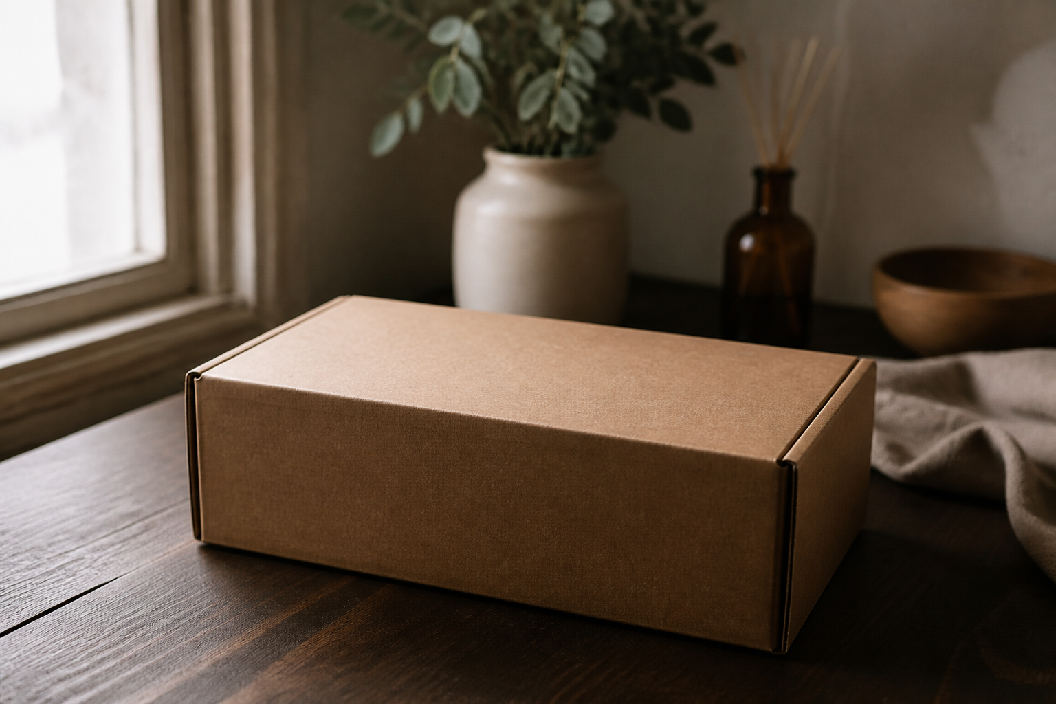 Plain brown delivery box on a wooden surface