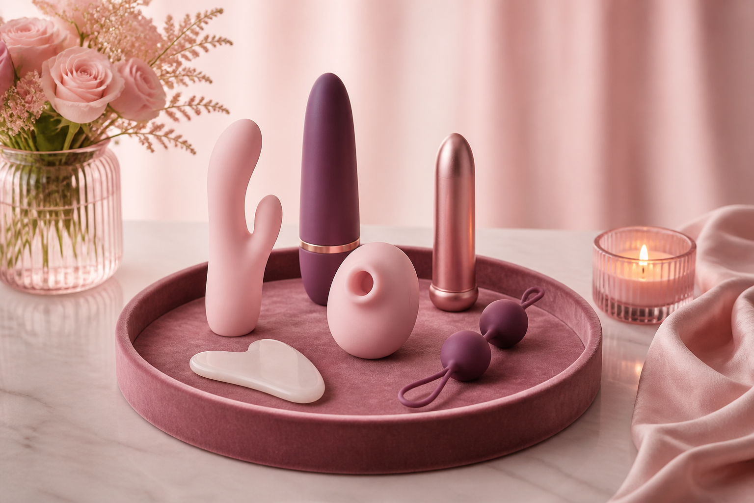 Curated intimate wellness products on a velvet tray