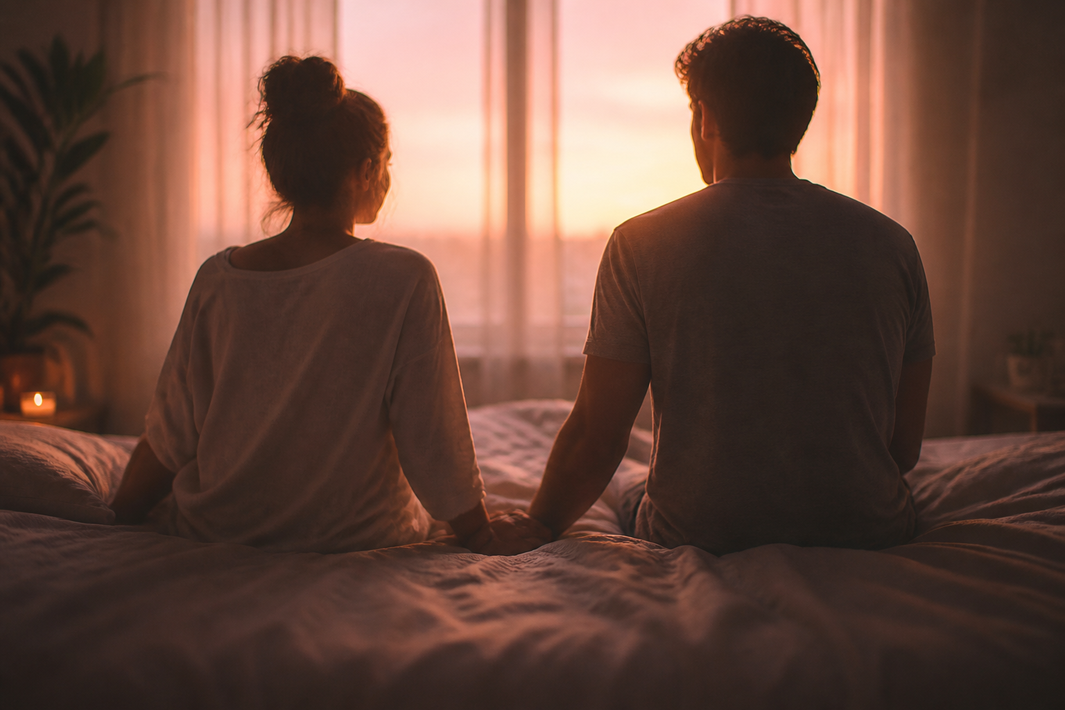 Couple holding hands in soft warm light