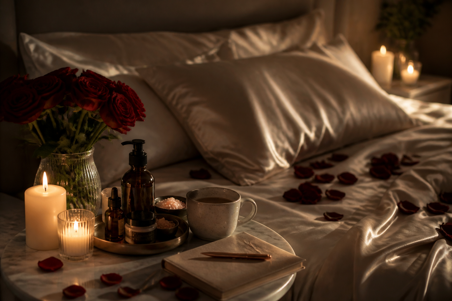 Candlelit bedroom with silk sheets