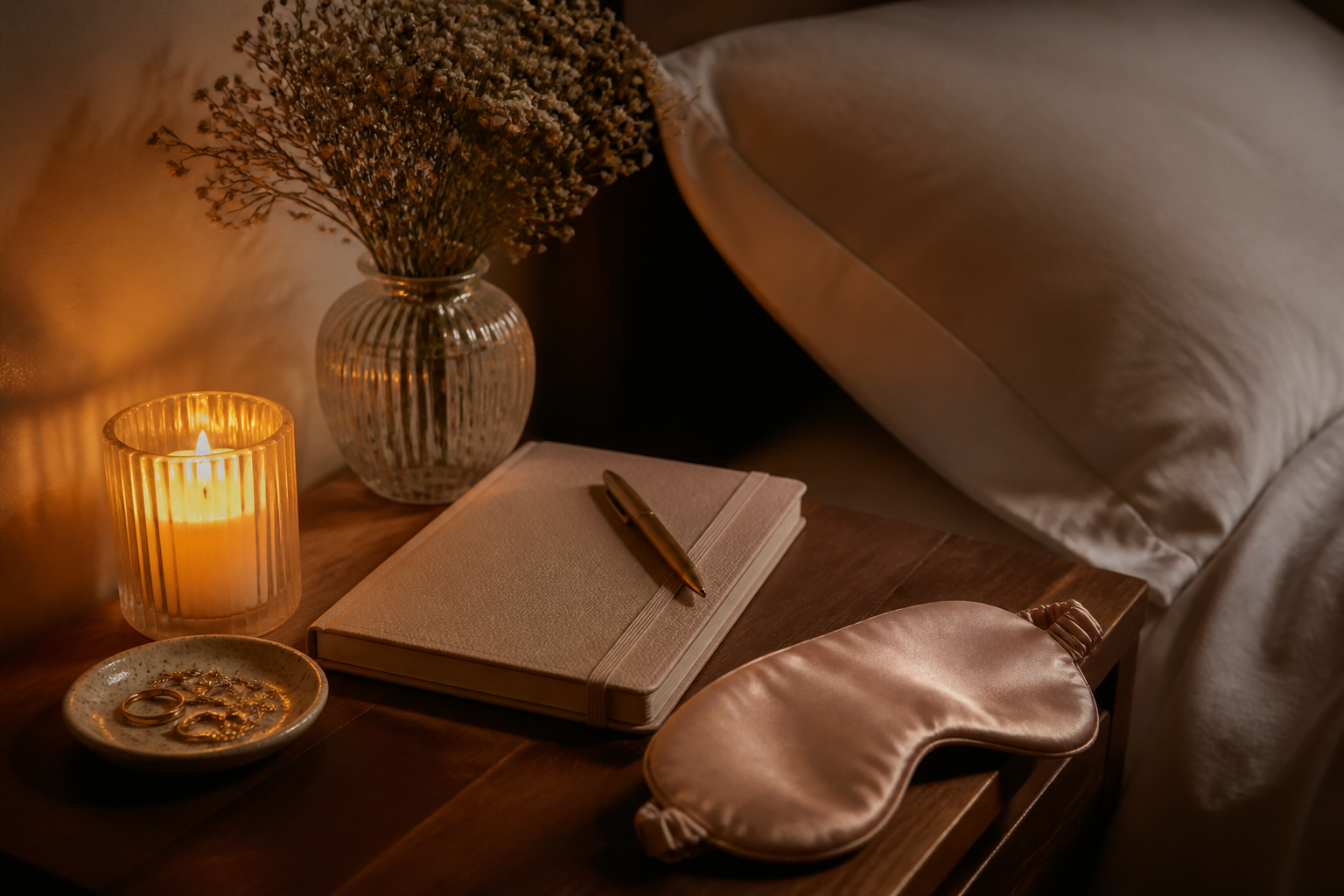 Bedside self-care ritual with candle and journal